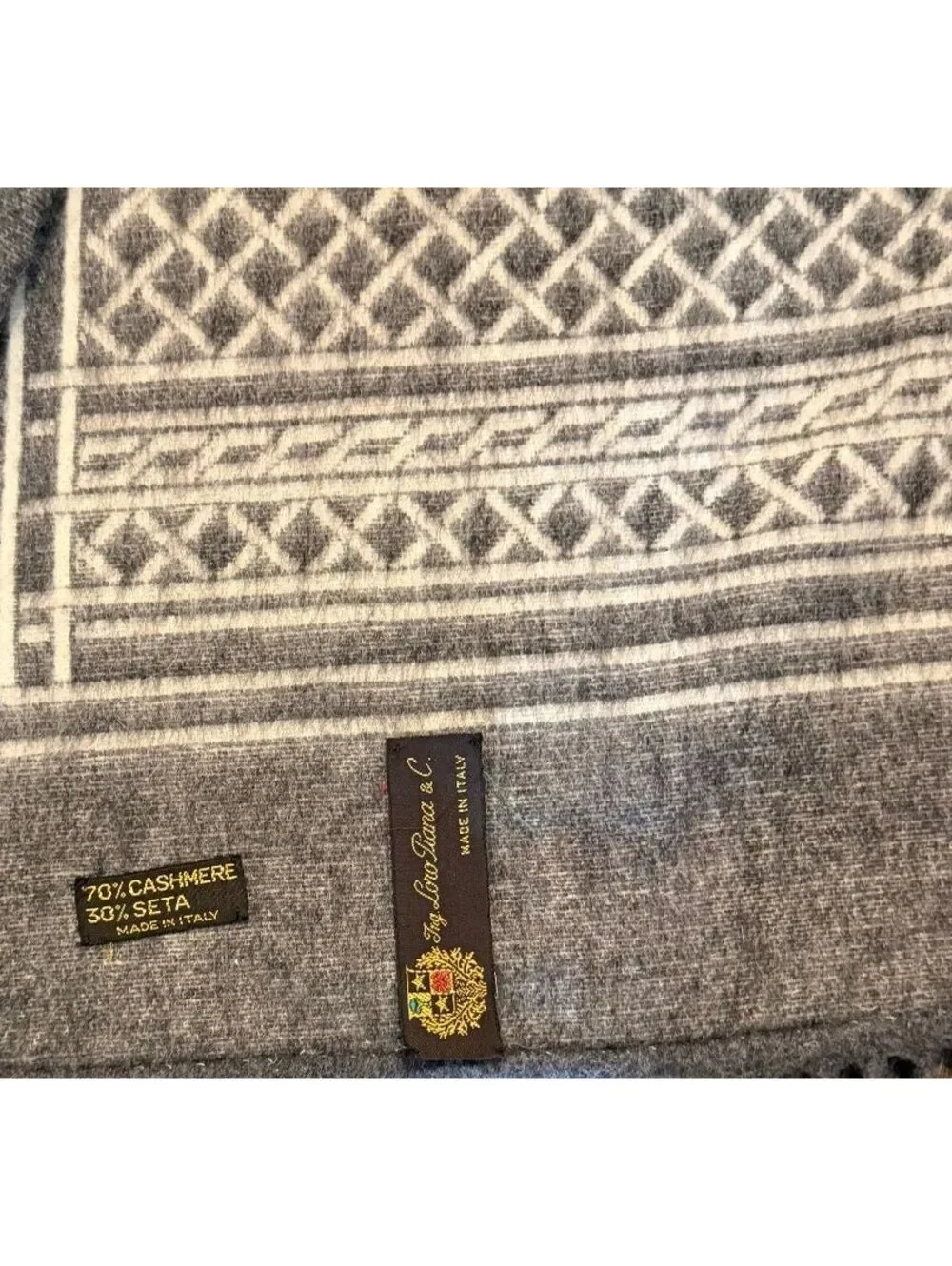 Loro Piana Italy Gray Cashmere Fair Isle Knit Fringe Scarf Geometric Lattice